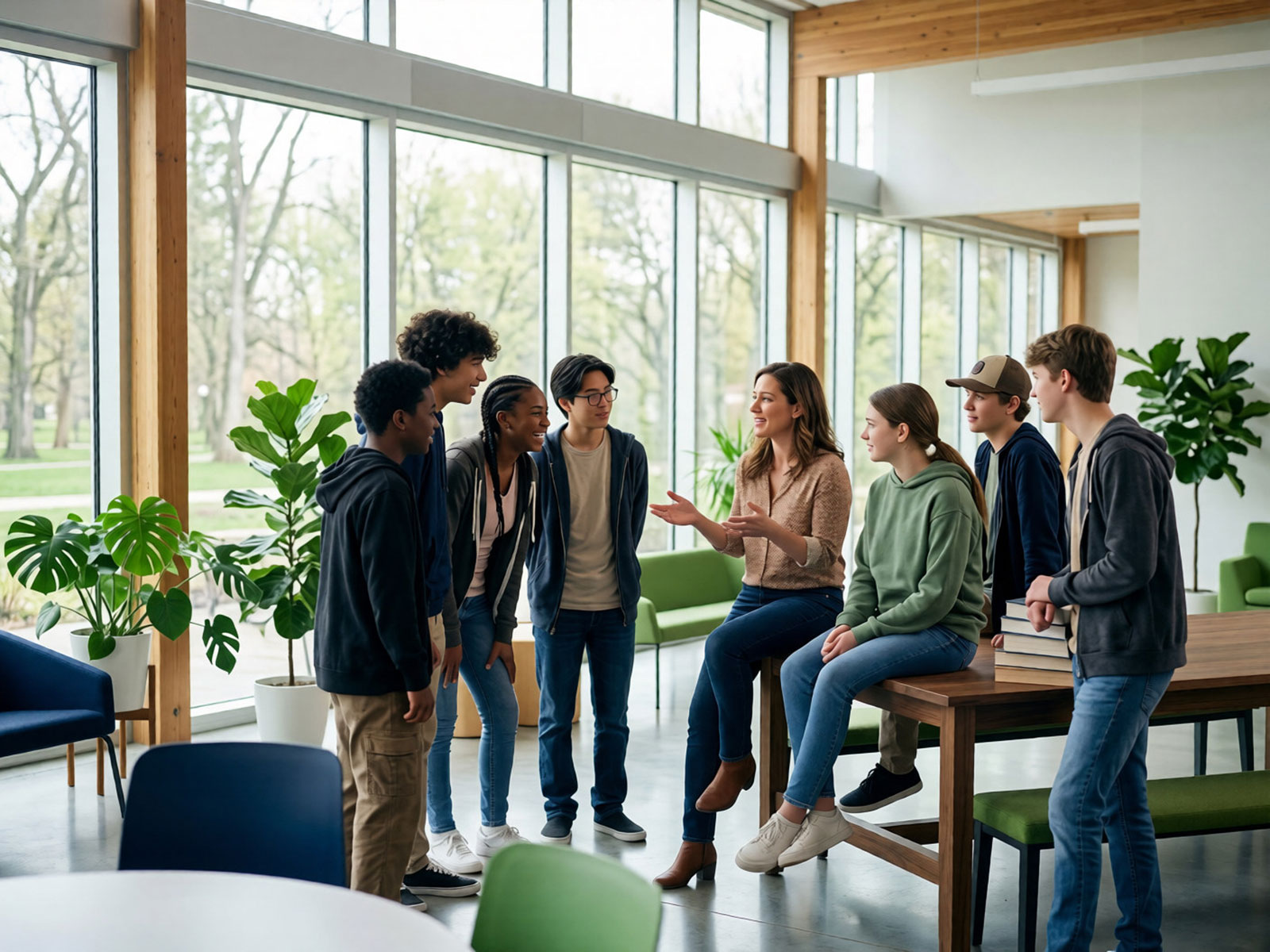 A group of teens gathered around a mentor in a youth activity room