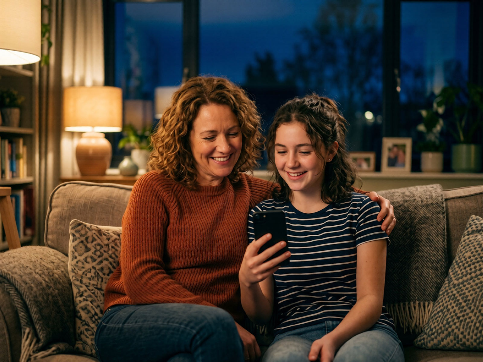 A parent and their teenager looking at a phone together on a sofa