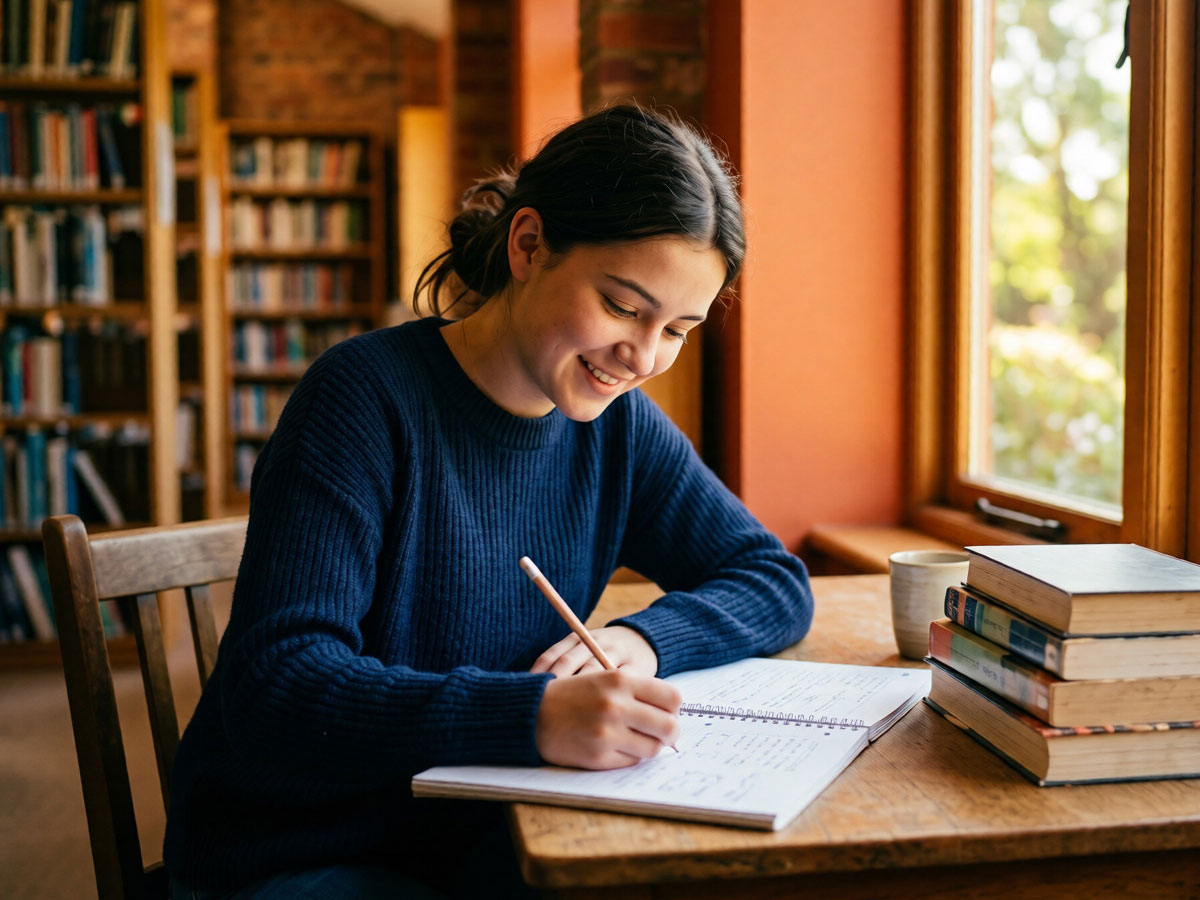 A student studying at a desk by a window