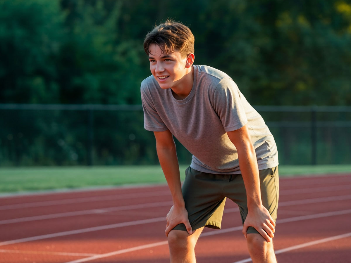 A teen finishing a run on an outdoor track