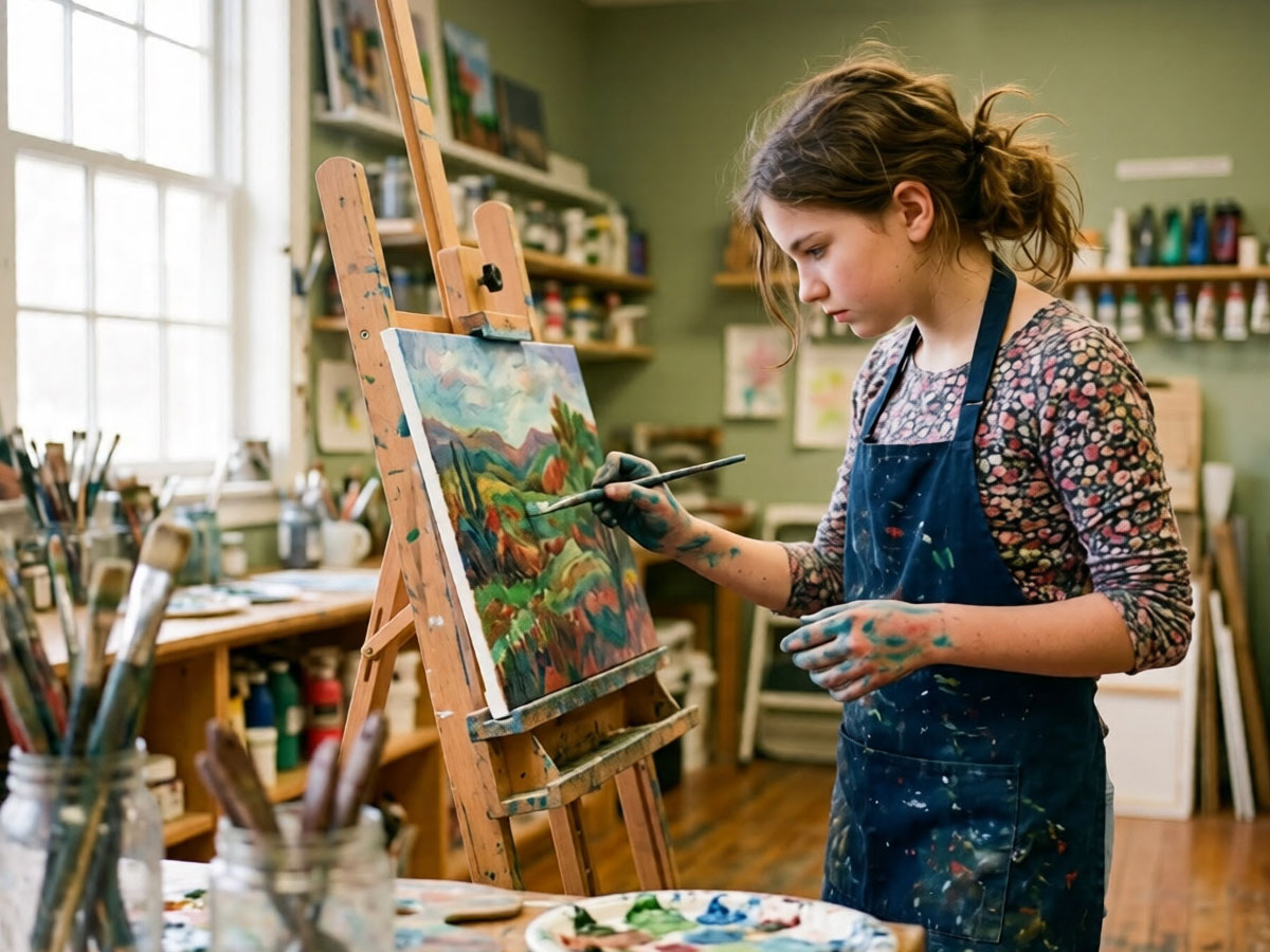 A teen painting on a canvas in an art room