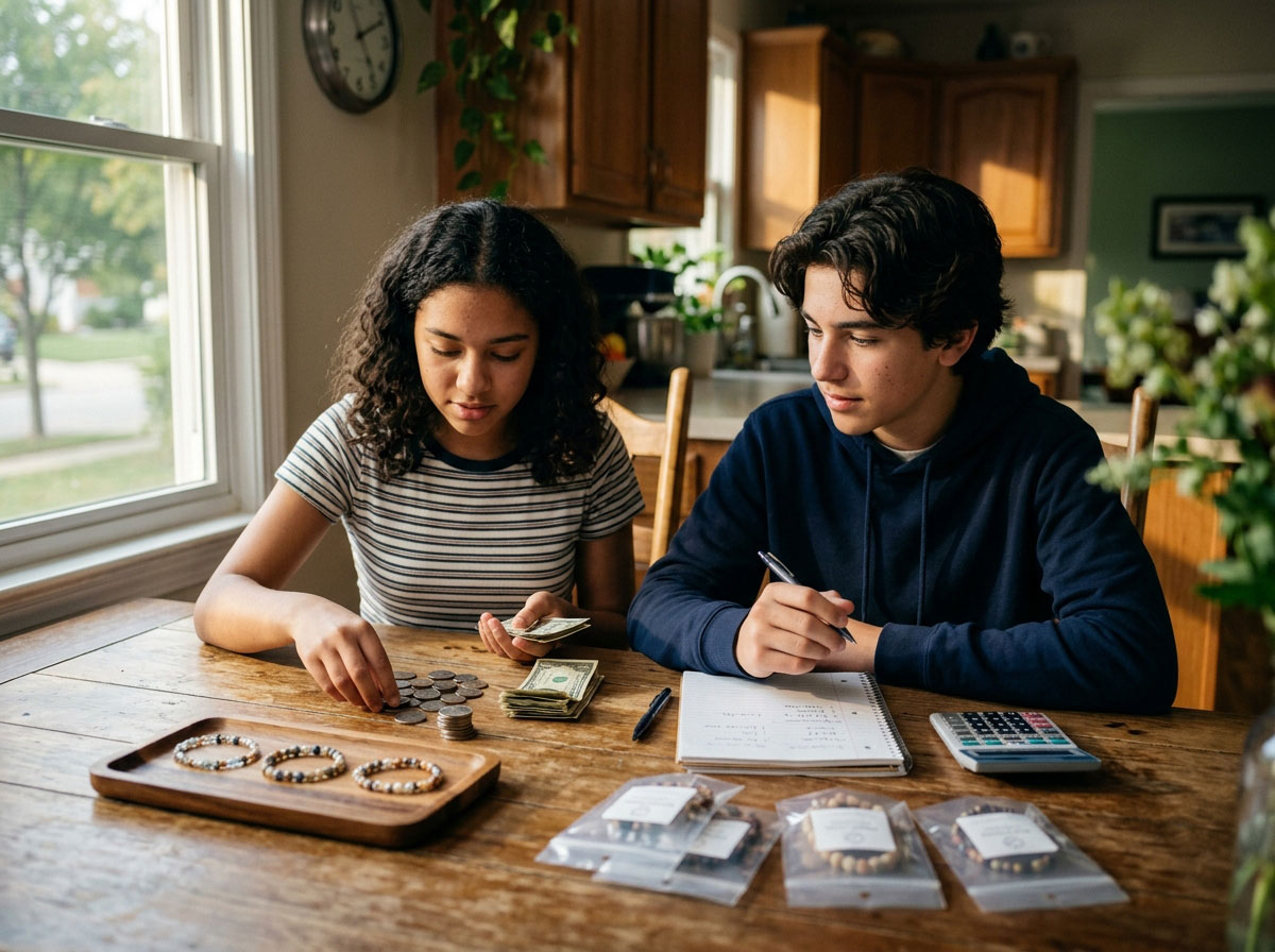 Two teens running a small market stall